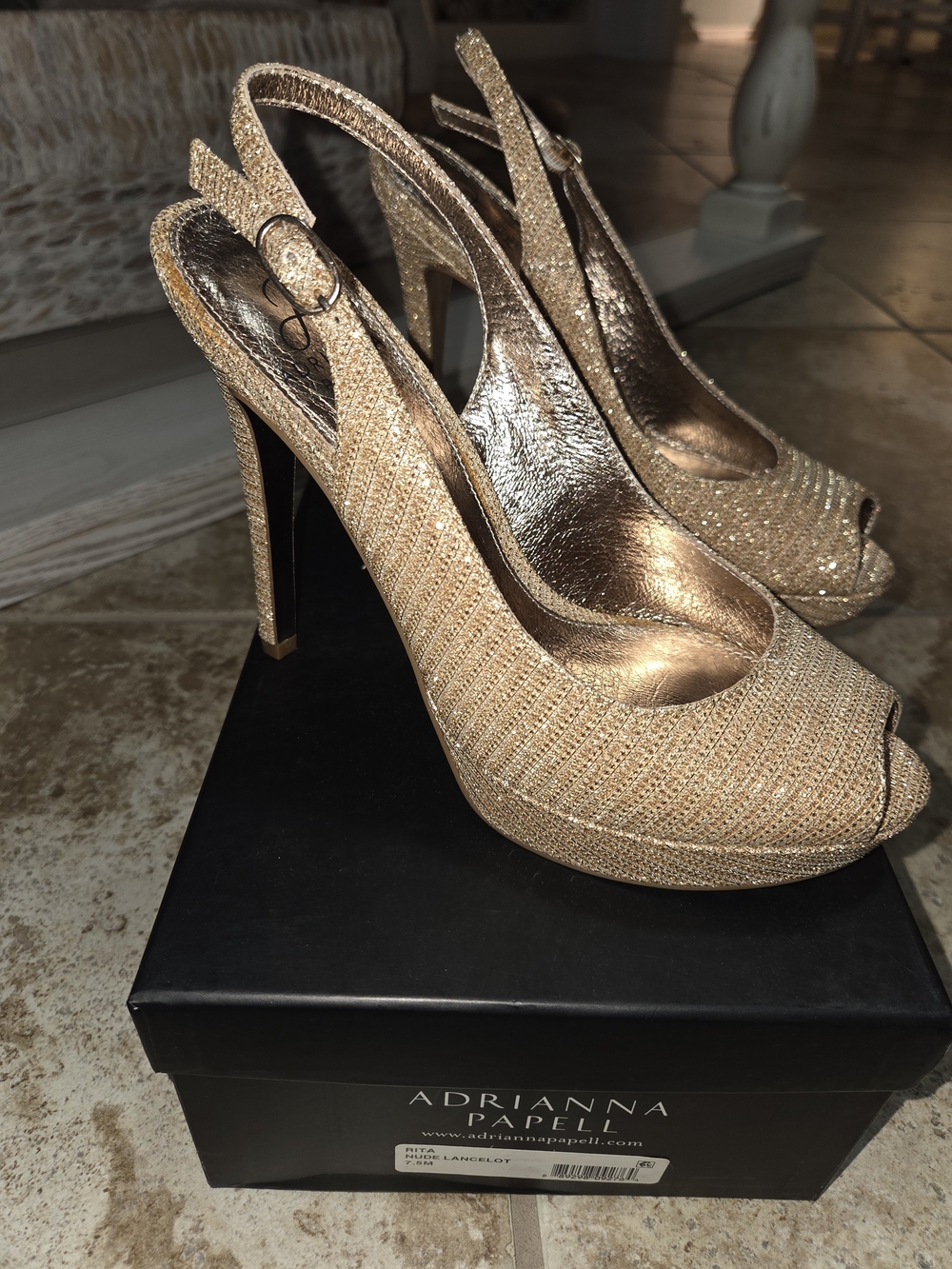 Adrianna Papell Glittering Gold Slingback Peep-Toe Stilettos